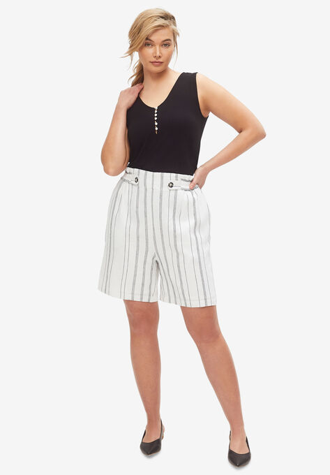 Striped Linen-Blend Shorts With Back Elastic, WHITE BLACK STRIPE, hi-res image number null