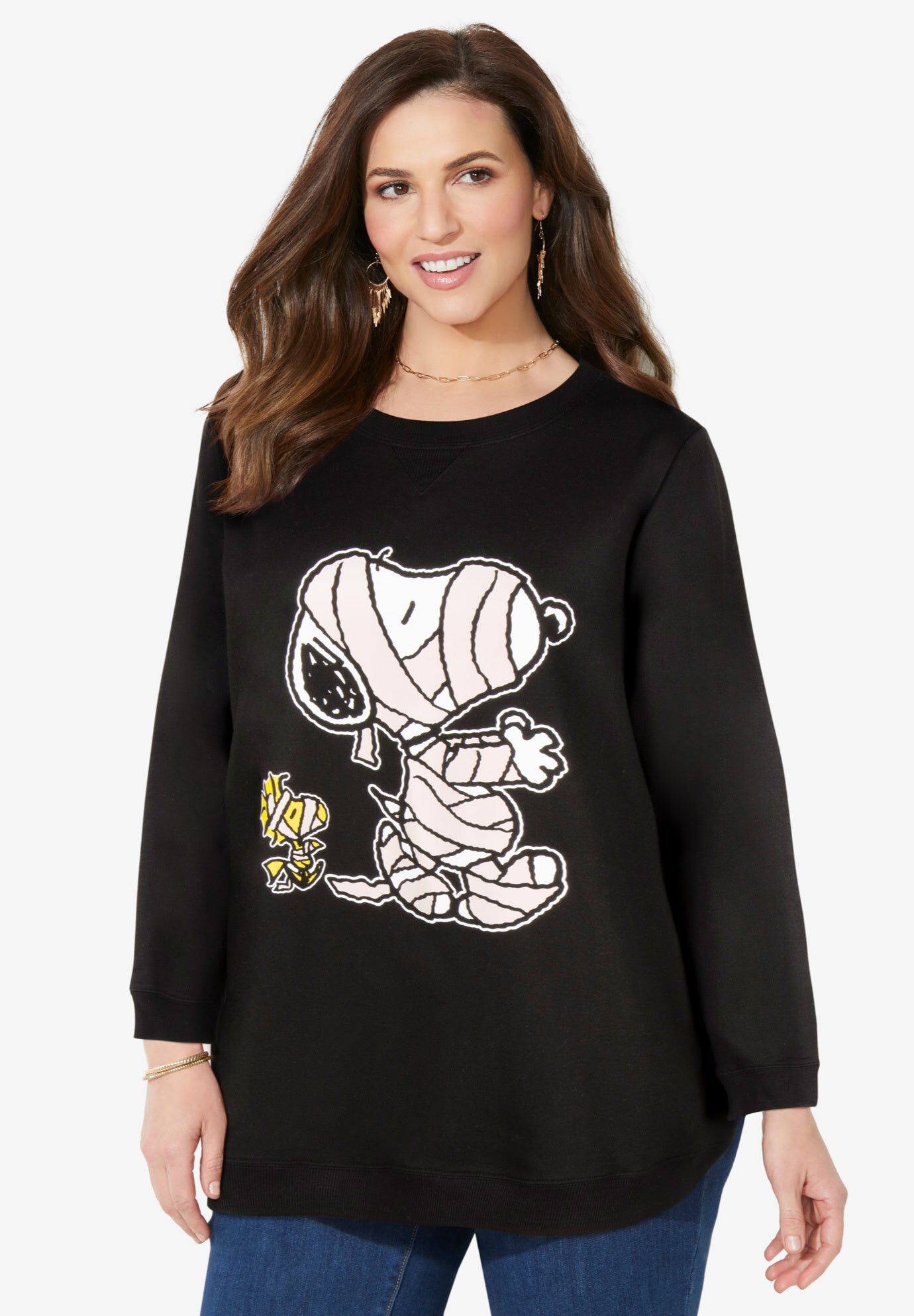 Peanuts Long-Sleeve Fleece Sweatshirt Black Mummy Snoopy, BLACK MUMMY SNOOPY, hi-res image number 0