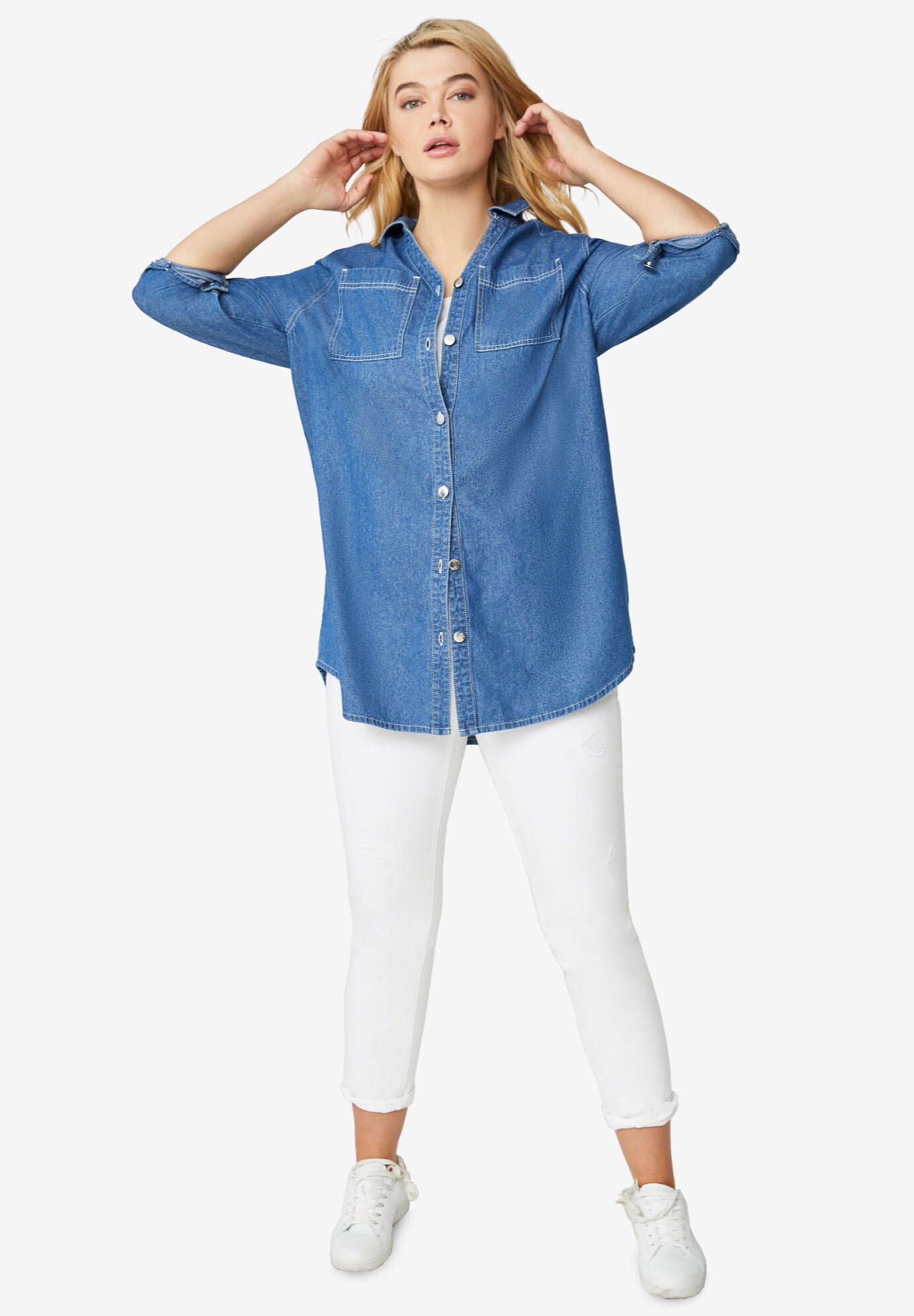 Denim Button-Front Tunic, , on-hover image number 1