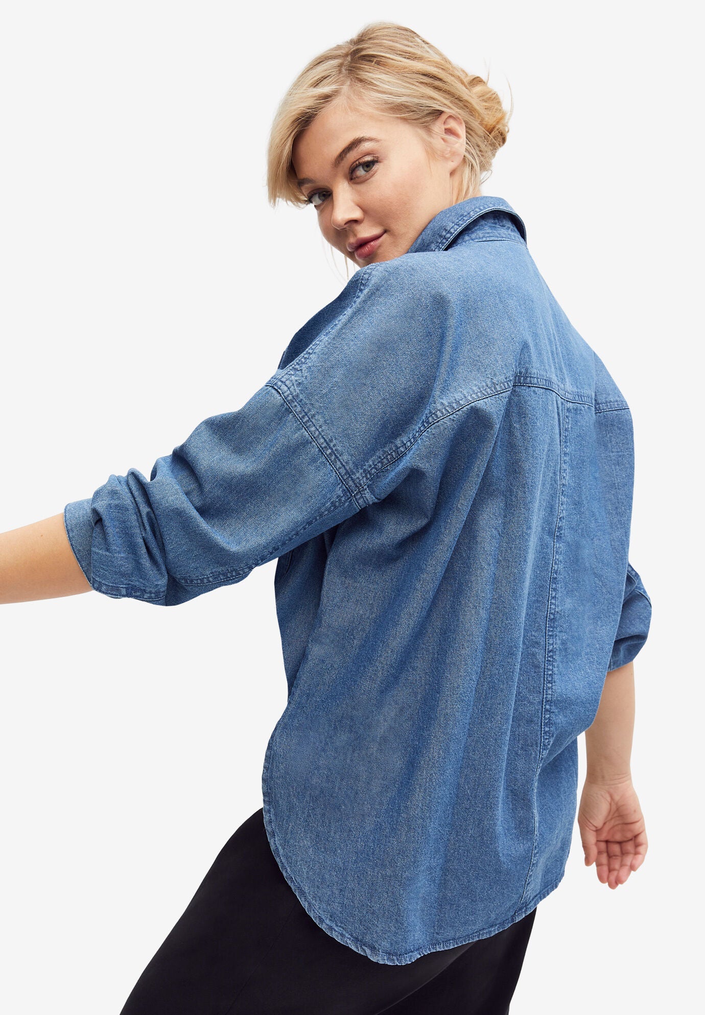 100% Cotton Denim Oversized Button-Front Collared Shirt, MEDIUM STONEWASH, on-hover image number 1
