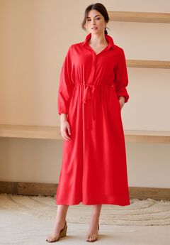 Linen Blend Tie Waist Midi Dress