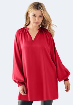 Satin V-Neck Tunic With Blouson Sleeves
