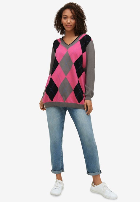 V-neck Argyle Sweater, , alternate image number null