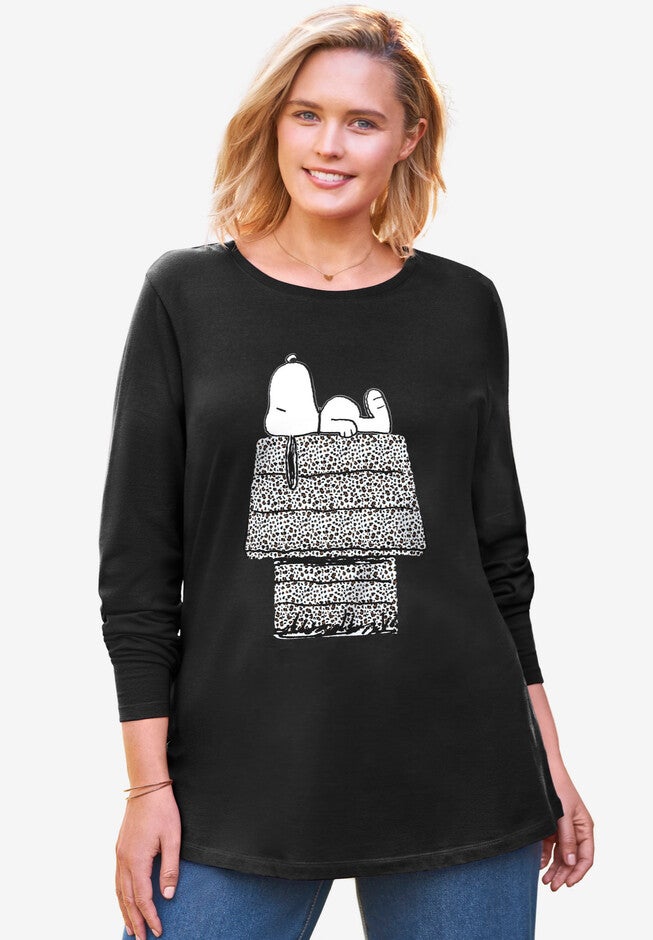 Peanuts Women's Long Sleeve Crew Tee Snoopy Leopard House, BLACK LEOPARD SNOOPY, hi-res image number 0