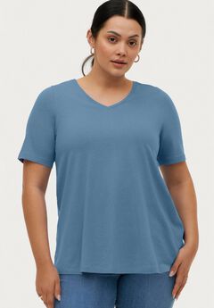 Stretch Jersey Knit A-Line Relaxed V-Neck Short Sleeve Tunic