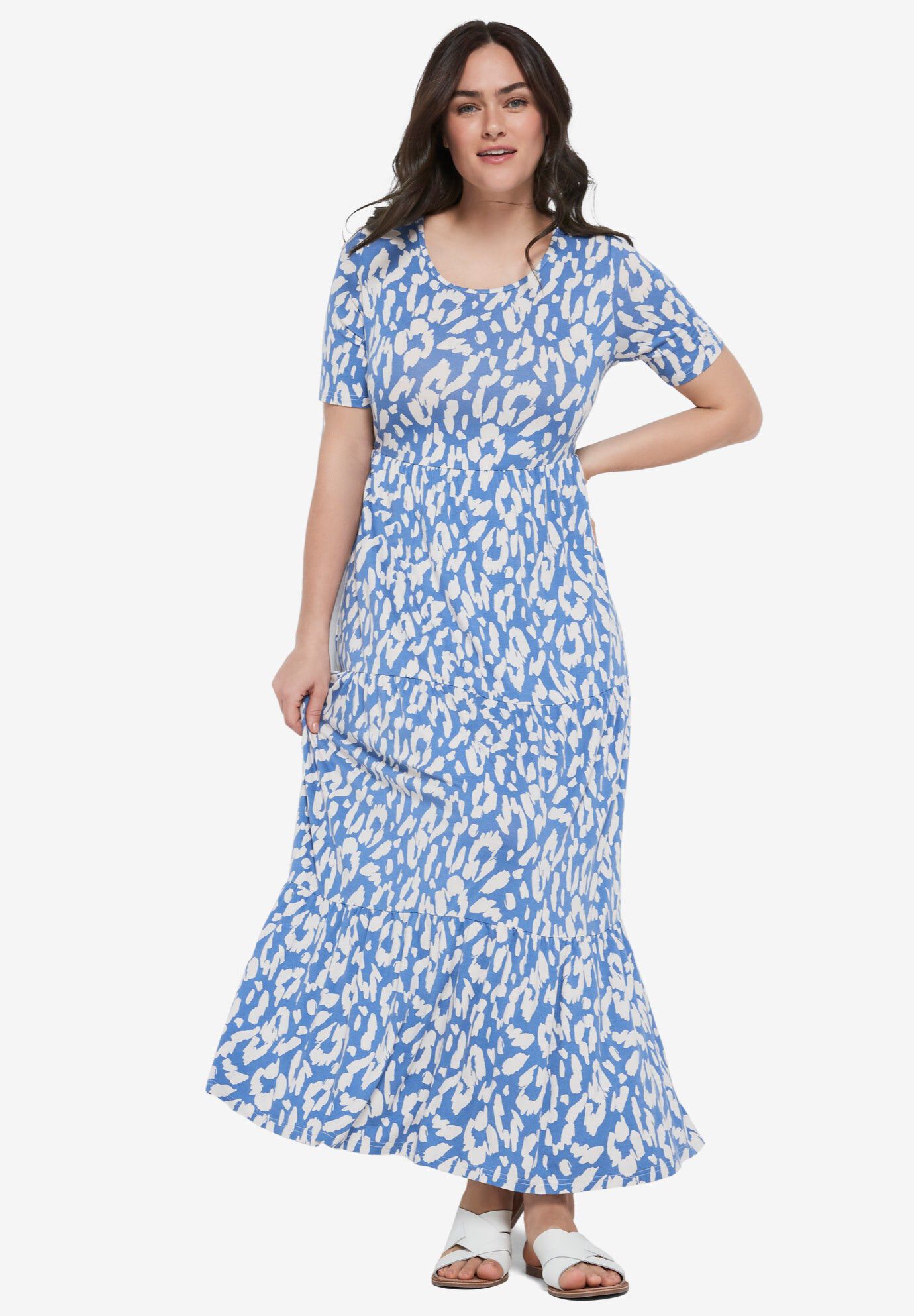 Short Sleeve Tiered Maxi Dress, BLUE SKY WHITE PRINT, hi-res image number 0