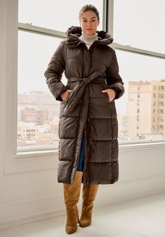 Long Belted Puffer with Hood