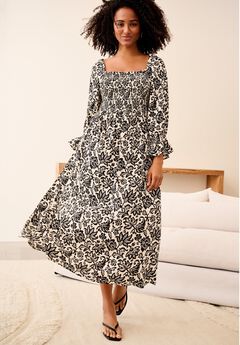 Smocked Bodice Square Neck Midi Dress