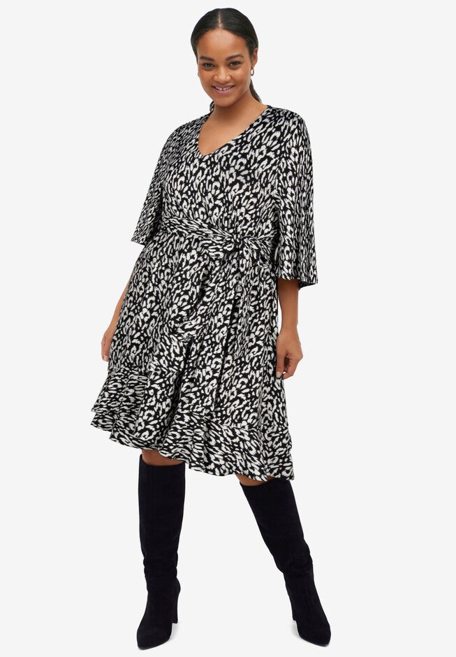 V-Neck Textured Knit Dress With Diagonal Ruffle, BLACK IVORY PRINT, hi-res image number 0