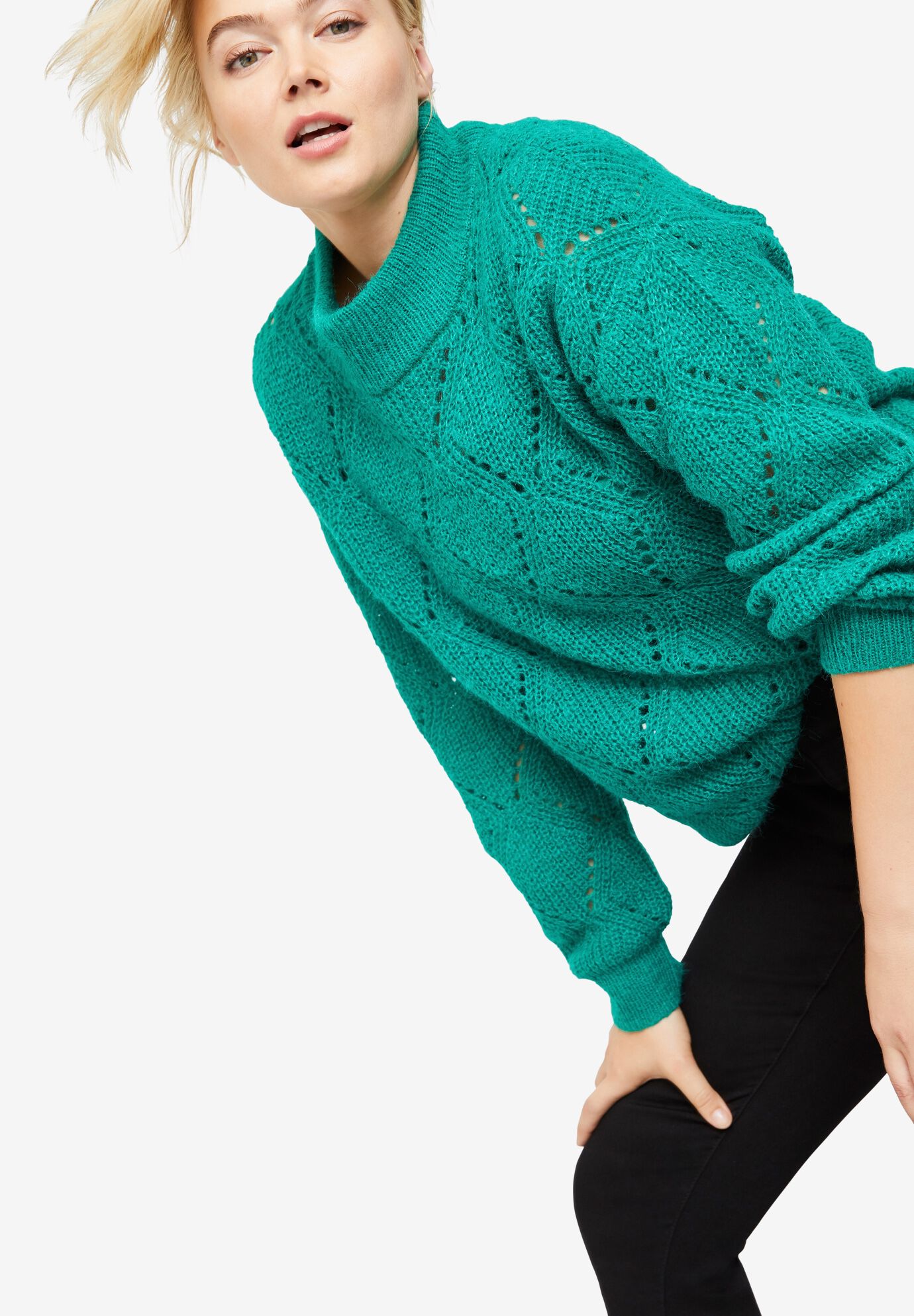 Pointelle Mockneck Pullover, , alternate image number 3