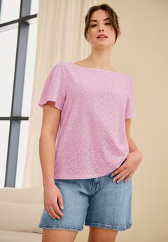 Boat Neck Flutter Sleeve Knit Eyelet Tee