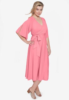 Knit Midi Dress With Surplice Neckline & Waist Tie