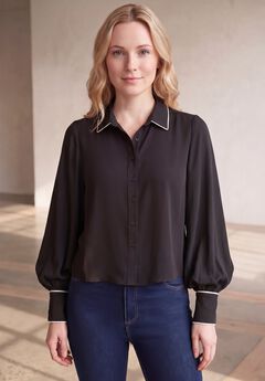 Cropped Oversized Blouson Sleeve Button Front Blouse