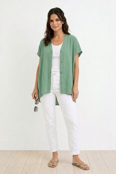 Linen-Blend V-Neck Button-Front Dolman Sleeve Oversized Tunic