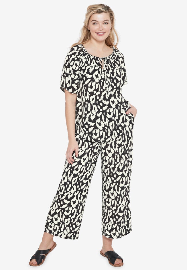 Cropped Soft Pants, BLACK IVORY PRINT, hi-res image number 0