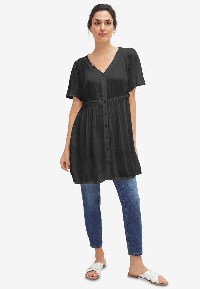 V-Neck Button-Front Crinkle Tunic, BLACK, hi-res image number null