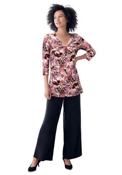 Stretch Knit V-neck 3/4 Sleeve Knot Front Tunic