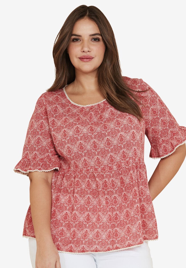 Ruffle Sleeve Babydoll Blouse, APPLE RED MEDALLION, hi-res image number 0