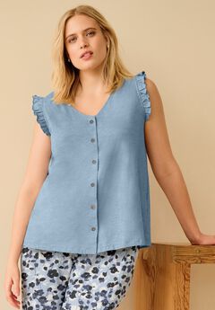Button-Front Ruffle Sleeve Tank