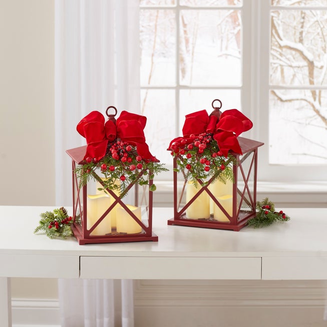 14"H Red Christmas Lantern with LED Candles image number null
