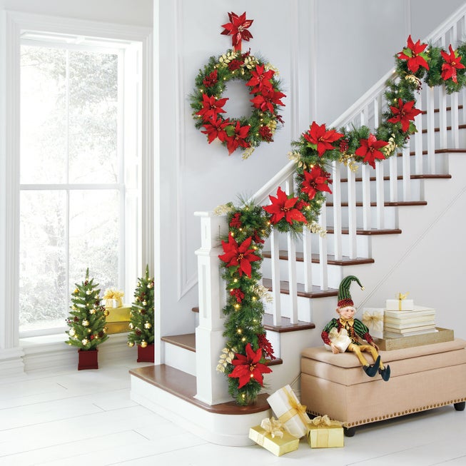 Pre-Lit Poinsettia 9' Garland image number 1