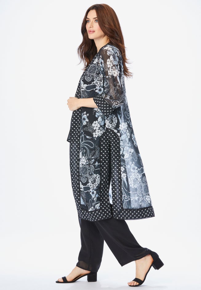 Plus-Size 3/4 Sleeve 3 Piece ITY Printed Duster Pant Set image number 2