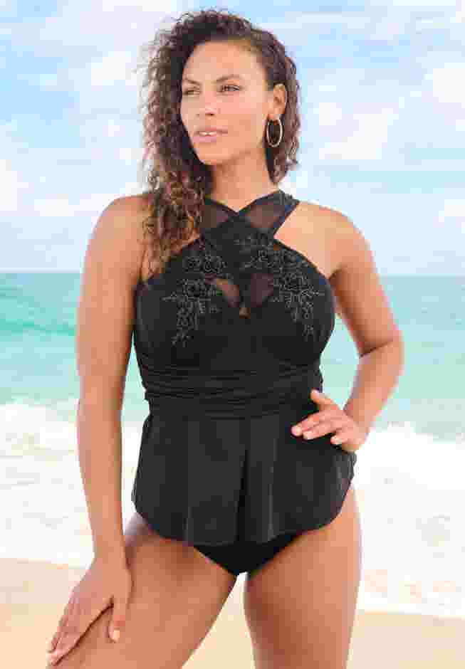 Lace-Appliquéd High-Neck Tankini image number 0