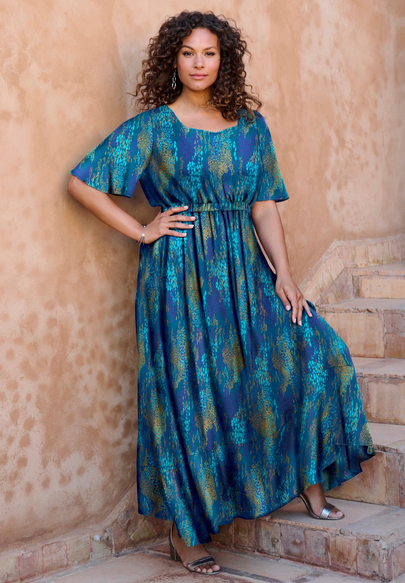 Hand-Crinkled Flutter-Sleeve Maxi Dress image number 0