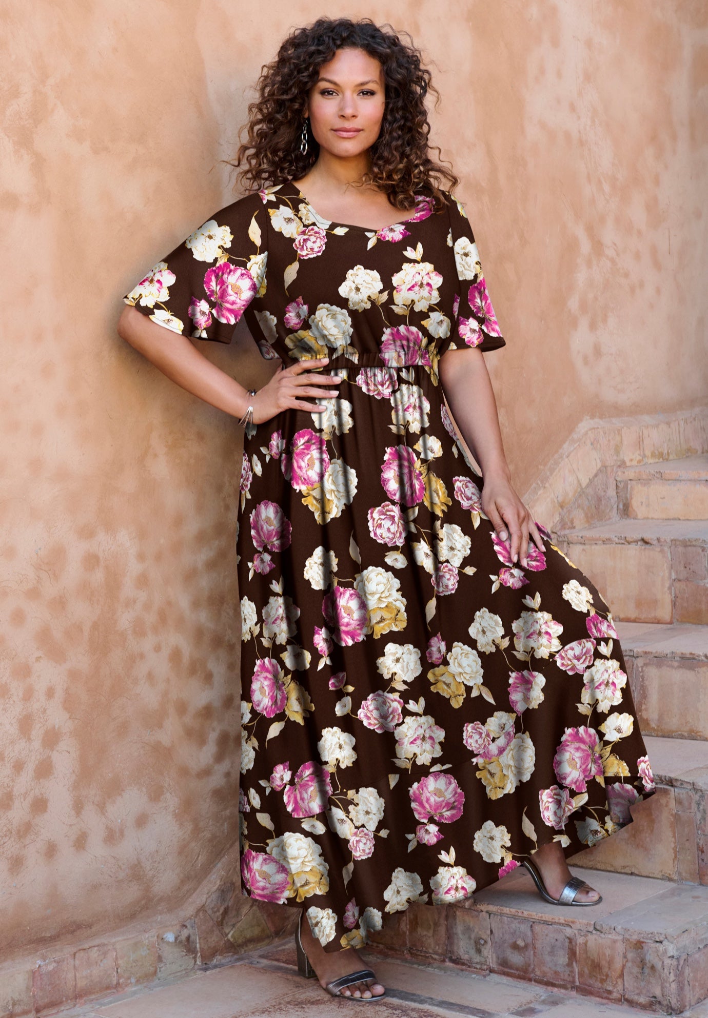 Hand-Crinkled Flutter-Sleeve Maxi Dress image number 0
