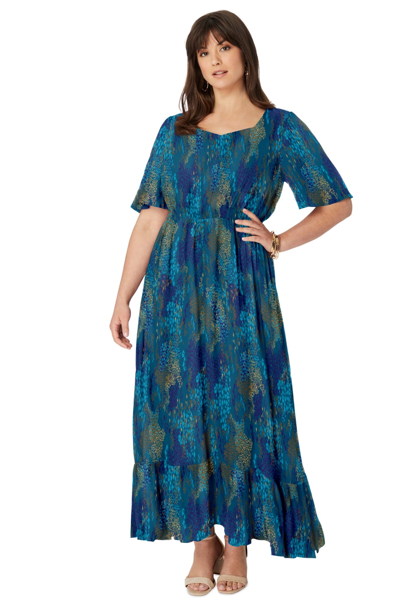 Hand-Crinkled Flutter-Sleeve Maxi Dress image number 0