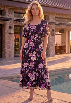 Hand-Crinkled Flutter-Sleeve Maxi Dress