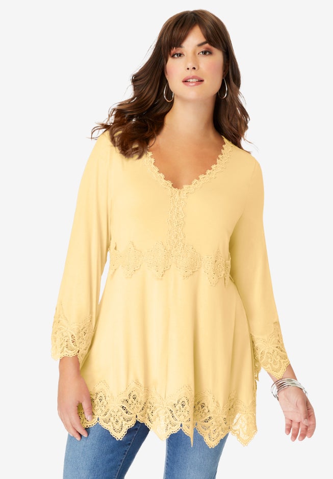 Empire Waist Boho Lace Trimmed Tee image number 0