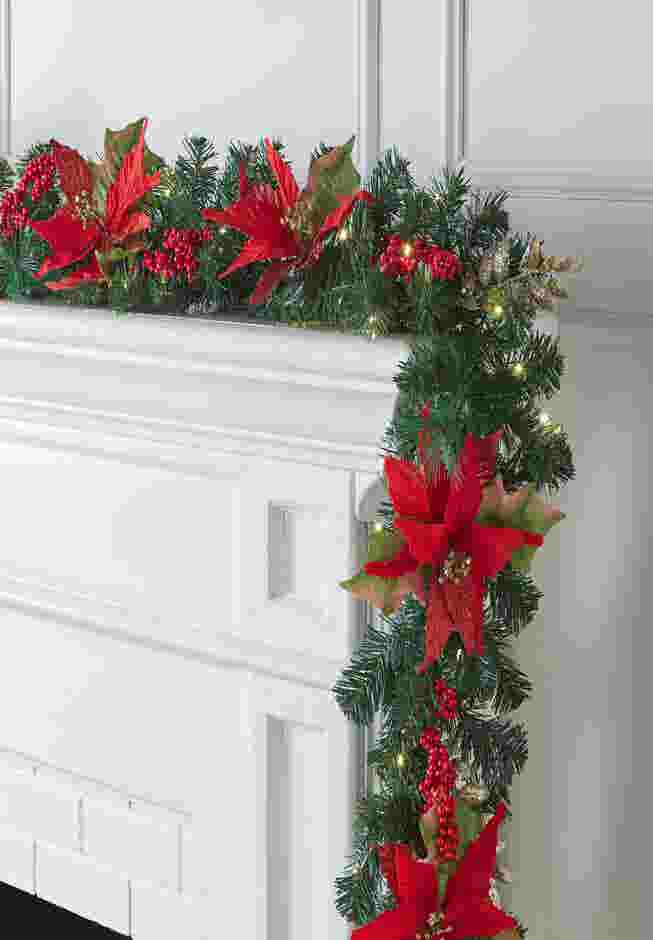 Pre-Lit Poinsettia 9' Garland image number 0