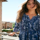 Plus Size Tara Pleated Shirt &ndash; Adjustable 3/4 Sleeve Swing Tunic with Notch Collar image number null