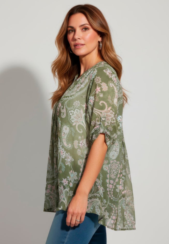 Plus Size Tara Pleated Shirt &ndash; Adjustable 3/4 Sleeve Swing Tunic with Notch Collar image number 1