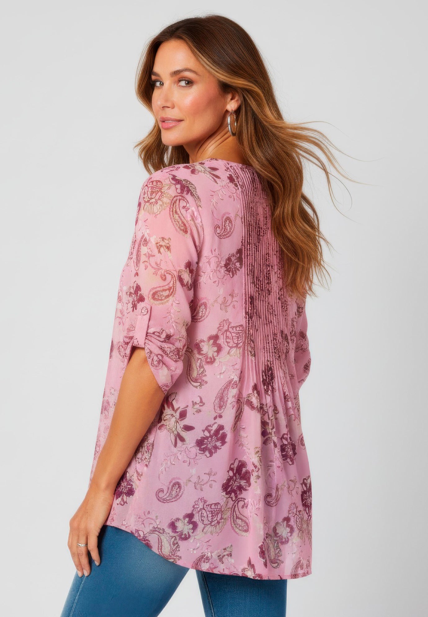 Plus Size Tara Pleated Shirt &ndash; Adjustable 3/4 Sleeve Swing Tunic with Notch Collar image number 1