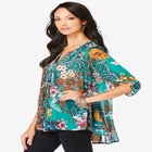 Plus Size Tara Pleated Shirt – Adjustable 3/4 Sleeve Swing Tunic with Notch Collar image number null