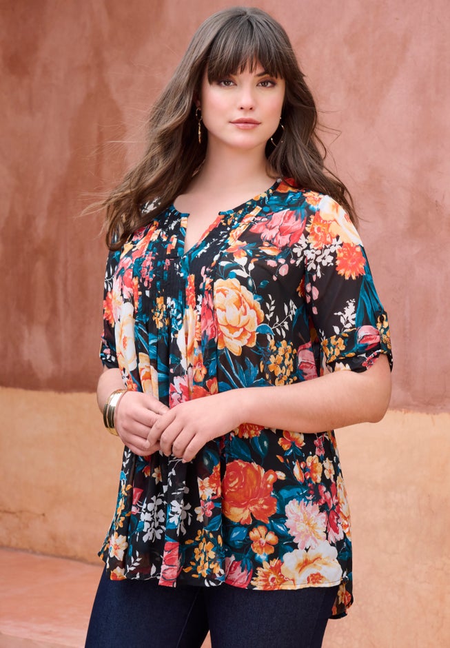 Plus Size Tara Pleated Shirt – Adjustable 3/4 Sleeve Swing Tunic with Notch Collar image number 3