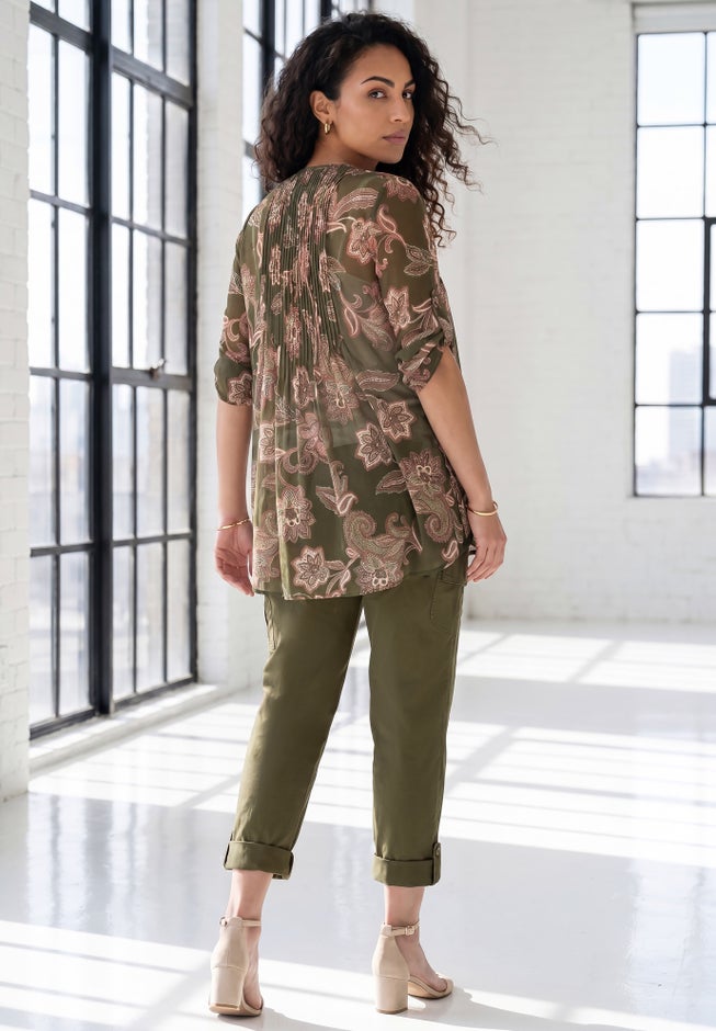 Plus Size Tara Pleated Shirt &ndash; Adjustable 3/4 Sleeve Swing Tunic with Notch Collar image number 1