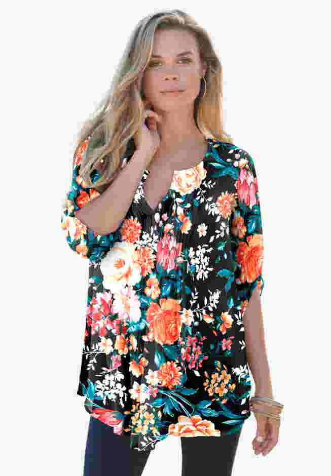Plus Size Tara Pleated Shirt – Adjustable 3/4 Sleeve Swing Tunic with Notch Collar image number 0