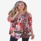 Plus Size Tara Pleated Shirt &ndash; Adjustable 3/4 Sleeve Swing Tunic with Notch Collar image number null