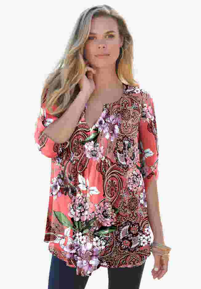 Plus Size Tara Pleated Shirt – Adjustable 3/4 Sleeve Swing Tunic with Notch Collar image number 0