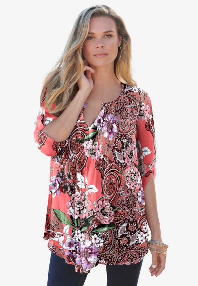Plus Size Tara Pleated Shirt – Adjustable 3/4 Sleeve Swing Tunic with Notch Collar image number 0