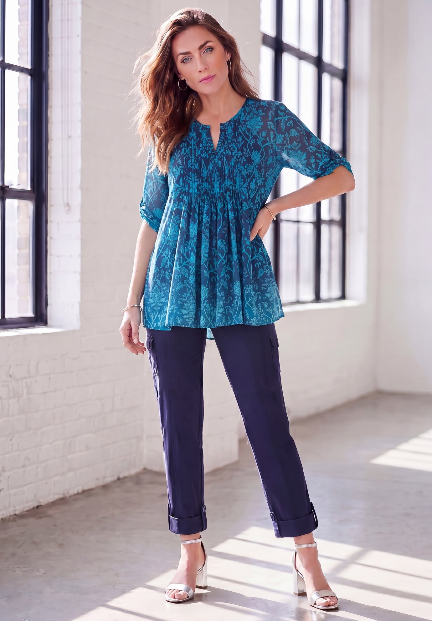 Plus Size Tara Pleated Shirt &ndash; Adjustable 3/4 Sleeve Swing Tunic with Notch Collar image number 0