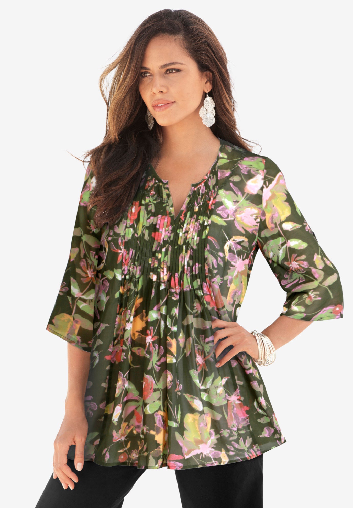 Plus Size Tara Pleated Shirt – Adjustable 3/4 Sleeve Swing Tunic with Notch Collar image number 0