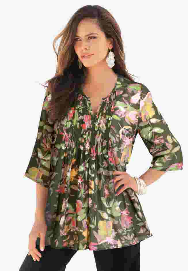 Plus Size Tara Pleated Shirt – Adjustable 3/4 Sleeve Swing Tunic with Notch Collar image number 0