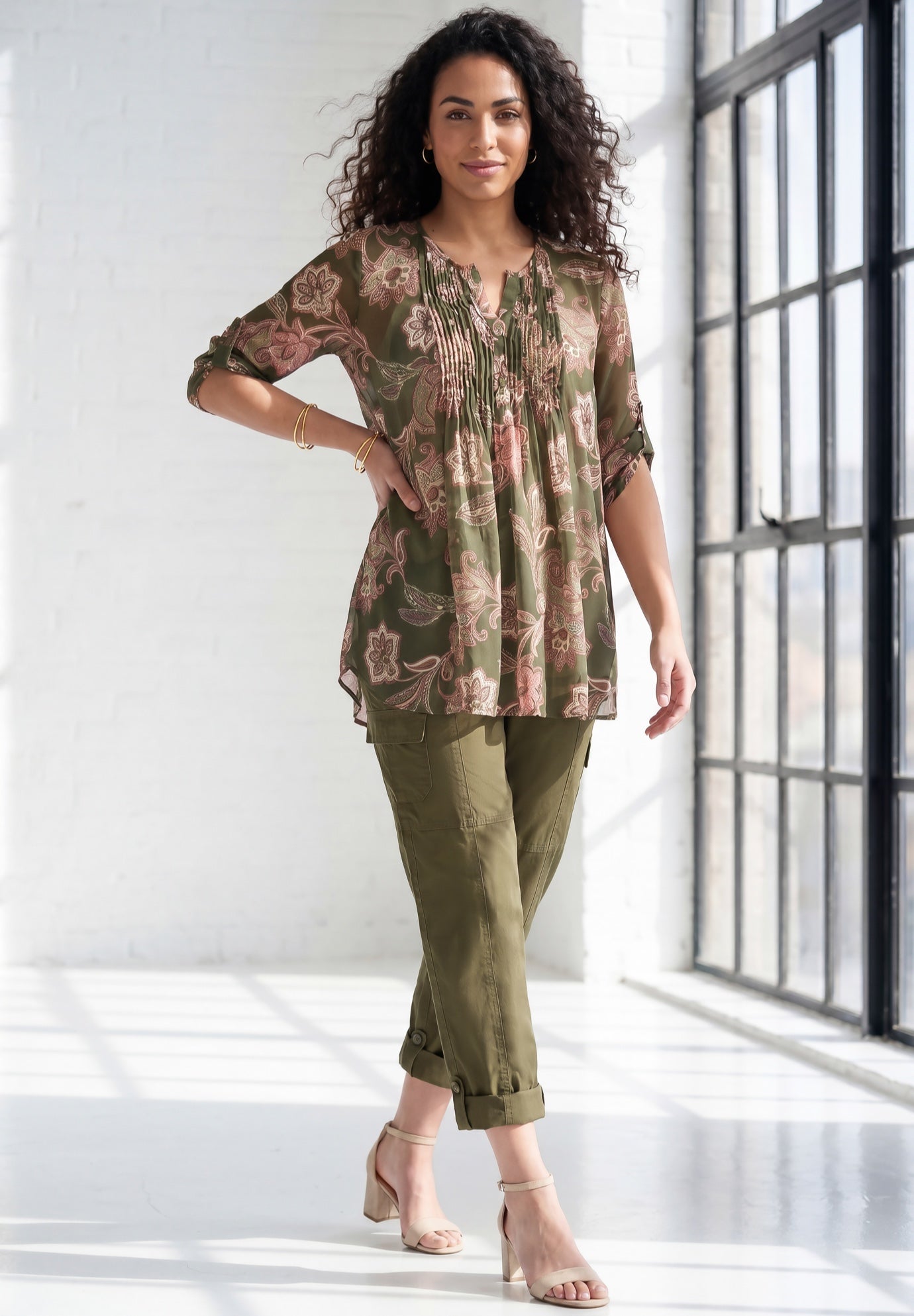 Plus Size Tara Pleated Shirt &ndash; Adjustable 3/4 Sleeve Swing Tunic with Notch Collar image number 0