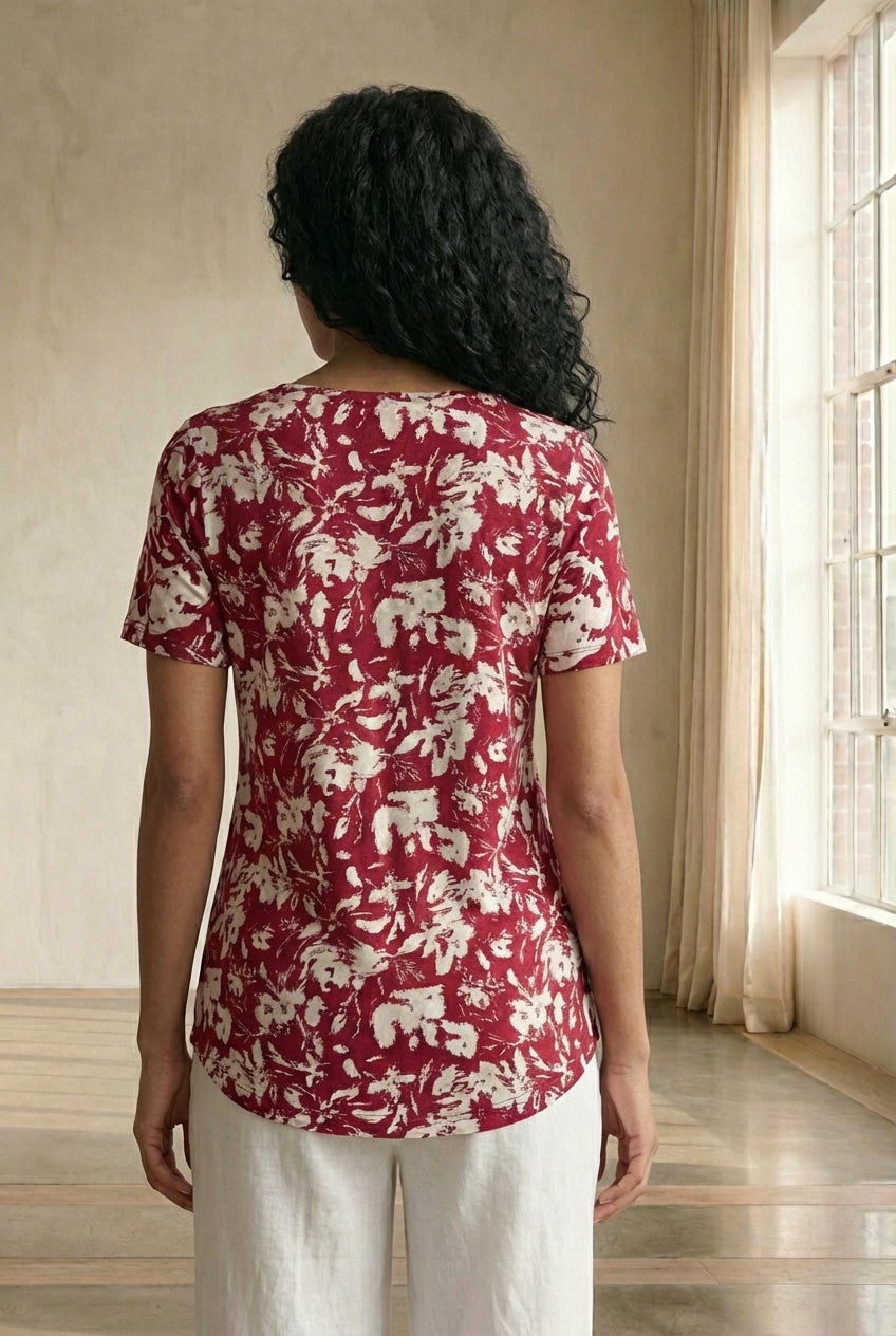 Stretch Knit V-neck Short Sleeve Inverted Pleat Tunic image number 1
