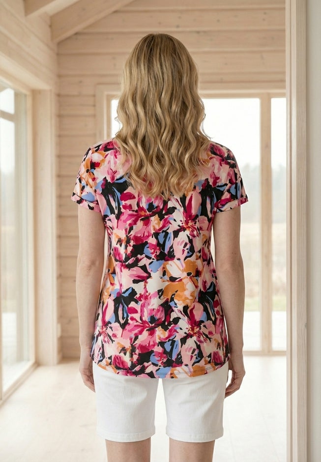 Stretch Knit V-neck Short Sleeve Inverted Pleat Tunic image number 1