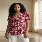 Stretch Knit V-neck Short Sleeve Inverted Pleat Tunic image number null